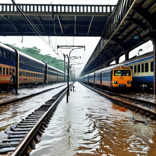 Home 4 **A flooded railway station in Mumbai during heavy monsoon rains.** Focus on the chaos and disruption caused by the waterlogged tracks, with trains delayed and people stranded. Capture the feeling of helplessness against the power of nature.