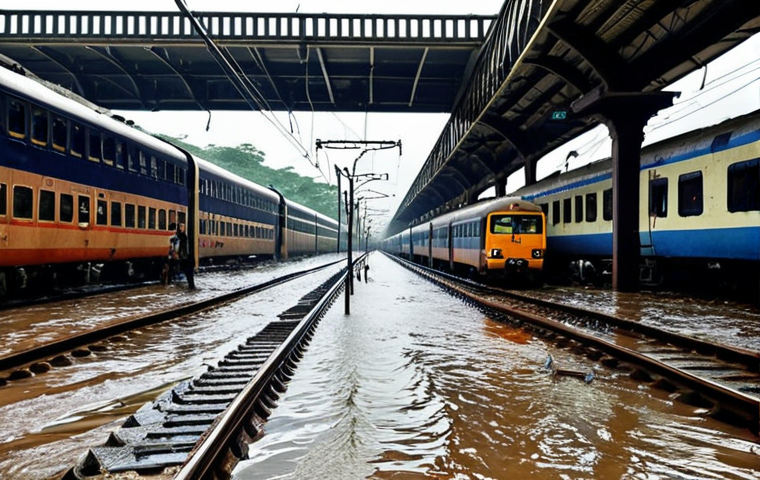 **A flooded railway station in Mumbai during heavy monsoon rains.** Focus on the chaos and disruption caused by the waterlogged tracks, with trains delayed and people stranded. Capture the feeling of helplessness against the power of nature.